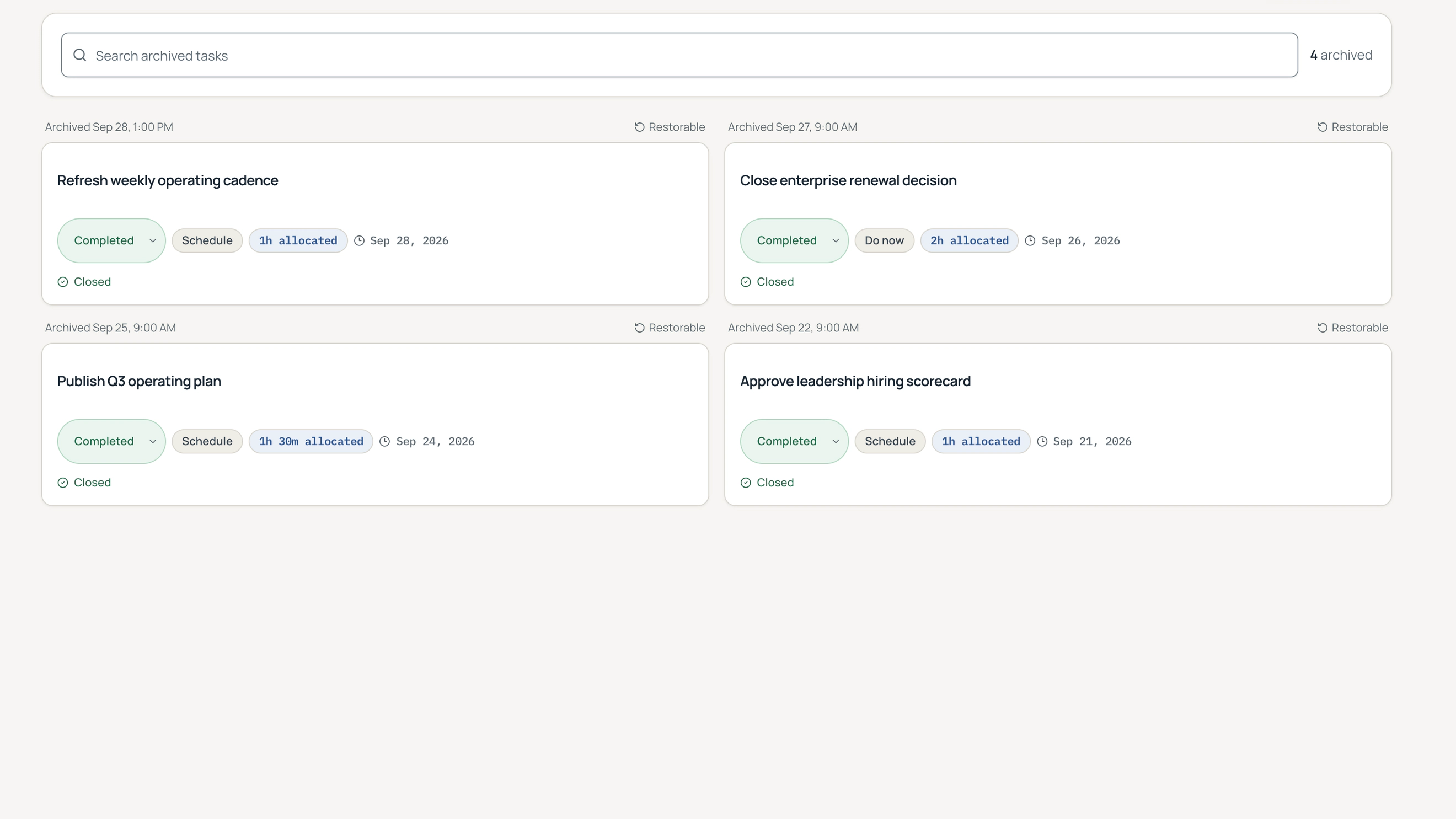 Critical Path archive showing completed commitments with allocation, dates, and restore controls